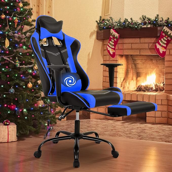 BLKMTY Massage Gaming Chair with Footrest Ergonomic Office Chair Racing Computer Chairs PU Leather with High Back Lumbar Support Headrest Reclining Chairs Blue
