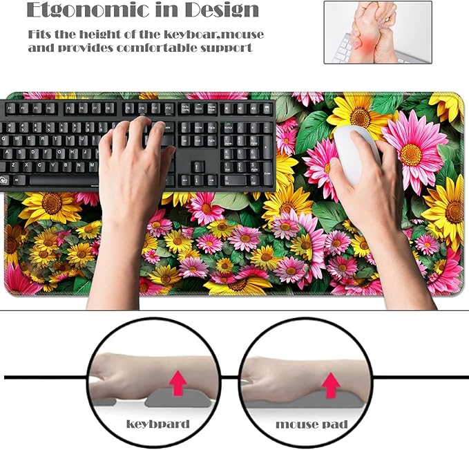 Ergonomic Keyboard Wrist Rest &amp Mouse Pad Wrist Rest SetXL Gaming Desk Mat 31.5x 11.8Non-Slip BaseMemory FoamEasy Typing Pain Relief for Office &amp HomePink and Yellow Sunflowers