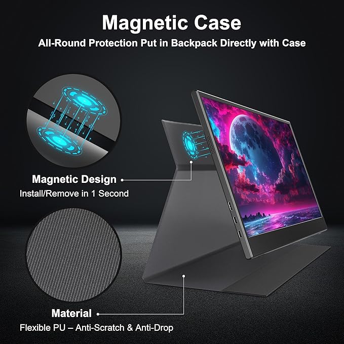 Portable Monitor for Laptop 15.6 FHD 1080P IPS Travel Screen with Speakers &amp Smart Cover VESA Mount (75x75mm) USB-C &amp HDMI Port for PC Mac Phone PS5 Xbox Switch