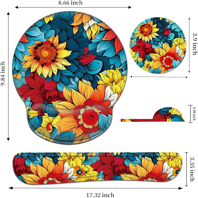 Keyboard Wrist Rest and Mouse Pad Wrist Support Set with CoasterErgonomic Mouse PadComfortable for Easy Typing Pain ReliefMemory Foam Keyboard Pad Set for Laptop MacColorful Petals
