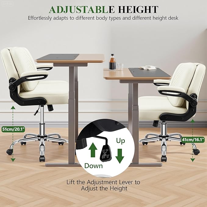 Criss Cross Office Chair with 2-in-1 Flip Backrest – Ergonomic PU Leather Floor Sitting Chair Adjustable Height 360° Swivel &amp Flip-Up Arms Extra-Wide Seat for Home Office Vanity Nail Salon-Wh