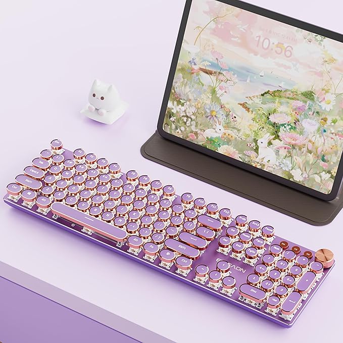 EWEADN V20 Typewriter Keyboard Wireless 104 Keys Typewriter Style Mechanical with White Backlit Media Knob Pink Switch 2.4G/Bluetooth/USB-C Wired Retro Full Size Keyboard for Windows/Mac/PC-Purple