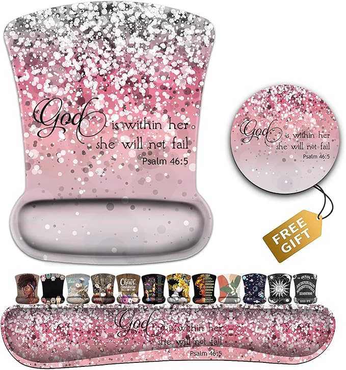 Mouse Pad with Wrist Support Ergonomic Gel Mouse Pad Memory Foam Keyboard Wrist Rest Suitable for Office Typing Games Psalm 46:5 Bible Verse and Pink Glitter Desk Pad