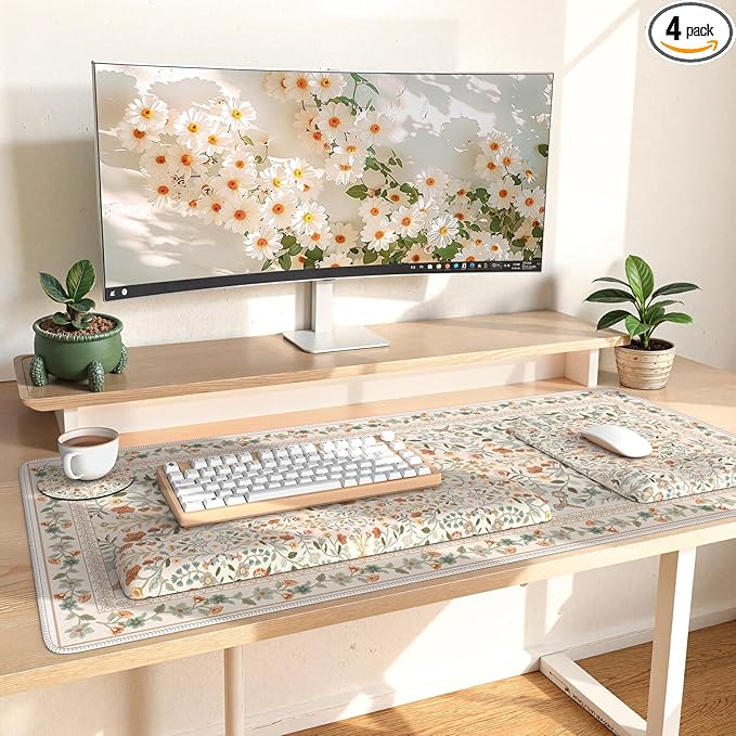 iLeadon Ergonomic Mouse Pad with Wrist Rest Non Slip Mouse and Keyboard Pad Cute Desk Pad Mat Sets Extra Large Desk Cover Mat with Coaster for Women Home Office (Beige)