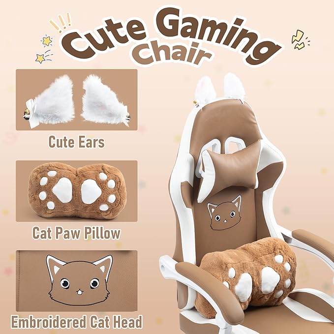 ALEAVIC Gaming Chair with Cat Paw Lumbar Cushion and Cat Ears Reclining PC Game Computer Chairs Ergonomic Gamer Chair for Kids Girls Teens (Brown)