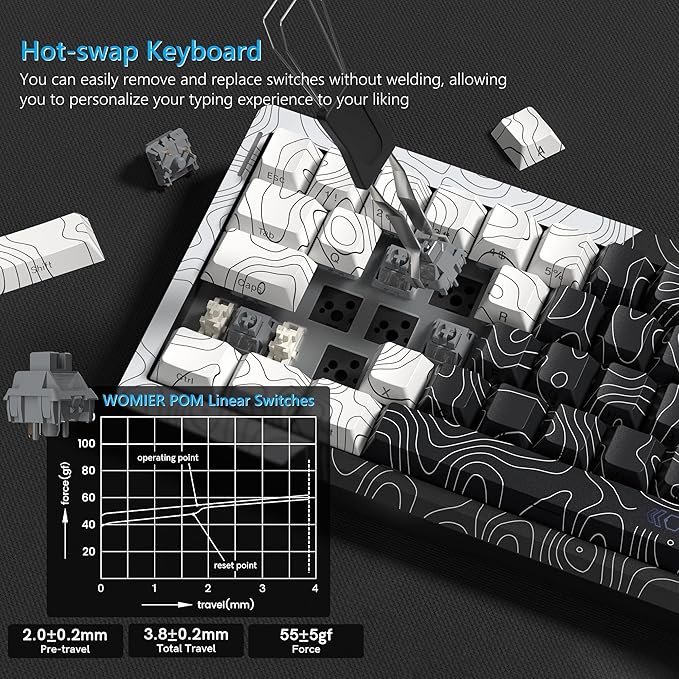 Womier Wireless Gaming Keyboard 60 Percent with QMK/VIA Topographic Creamy Mechanical Key Board RGB Custom Gasket Hot Swappable for Windows &amp Mac-POM Linear Switch (Q61)