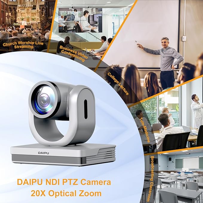 NDI PTZ Camera 60fps 20X Optical Zoom 1080P HDMI USB3.0 SDI LAN PoE AI Auto Tracking Conference Room Camera 1/2.8 CMOS Sensor 255 Presets for Church Worship Live Streaming Video Conference