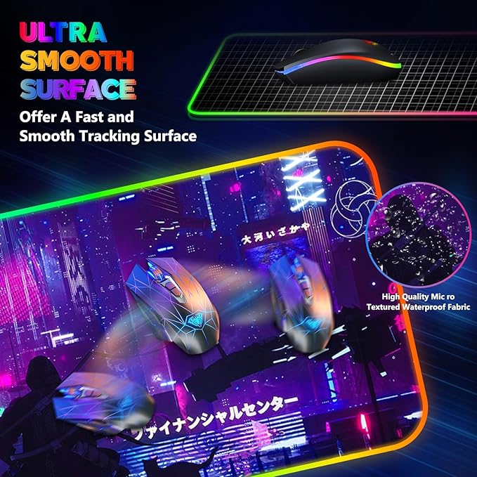 RGB Mouse Pad with 15W Wireless Charging Purple Anime Neon Extended Large LED Gaming Mouse Pad Non-Slip Rubber Base 10 Light Modes Desk Pad for Home Office-Warrior Cat