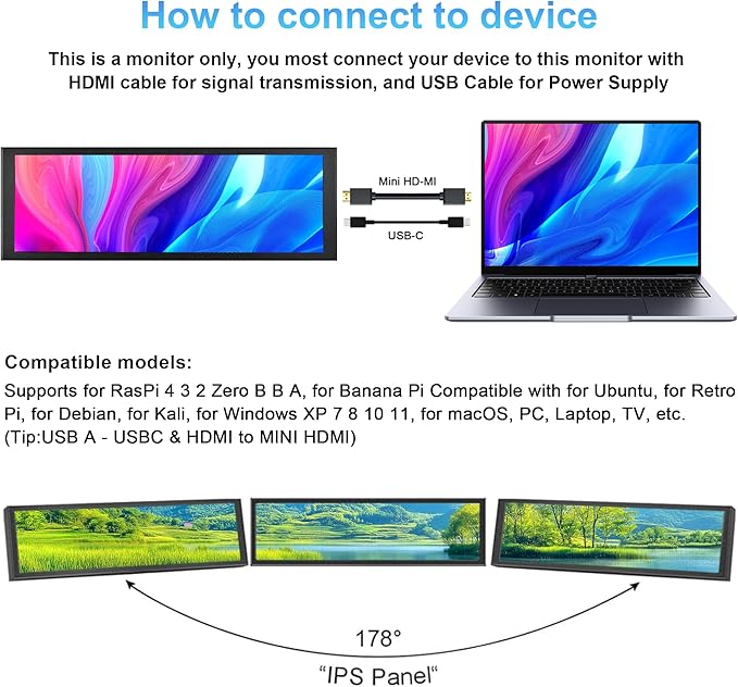 7.84 Inch HD Mini Monitor 1280x400 IPS Stretched Bar LCD Display with Casing for Computer Laptop Speed Temperature Aida64 CPU GPU Monitoring Secondary Screen