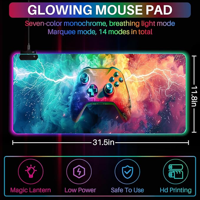 XL Led Gaming Mouse Pad with 14 Light Modes - Light Up Gamer Mouse Pad31.5 x 11.8in Non-Slip Gamepad Style RGB Large Gamer MousepadBlack Long Glowing Gaming Accessories for DeskWaterproof