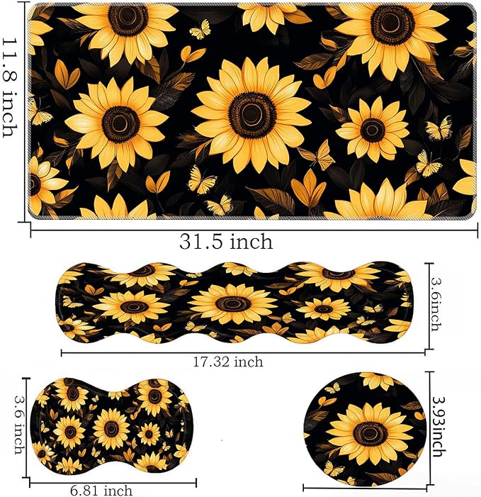 Keyboard Mouse Pad SetLarge Desk Pad+Keyboard Wrist Rest+Mouse Wrist Support+CoasterEasy Typing Pain Relief Non-Slip Wrist Support Mousepad Set Home OfficeSunflowers and Butterflies