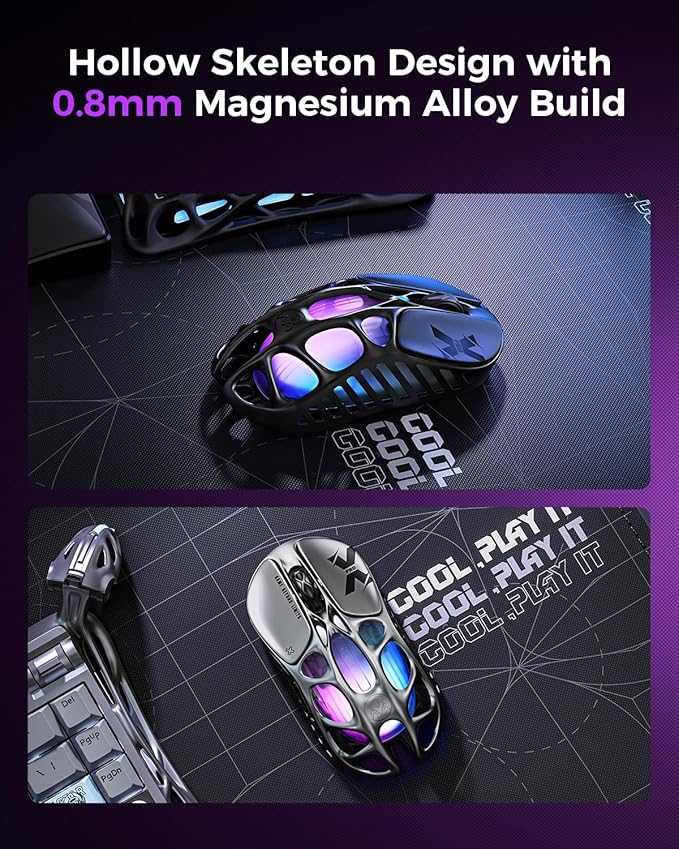 GravaStar Mercury X Pro Wireless Gaming Mouse Come with 8K Dongle – 32000 DPI PAW 3950 Sensor 8000Hz Polling Rate Only 49g Magnesium Alloy Hollow Frame RGB Lighting 5 Programmable Buttons