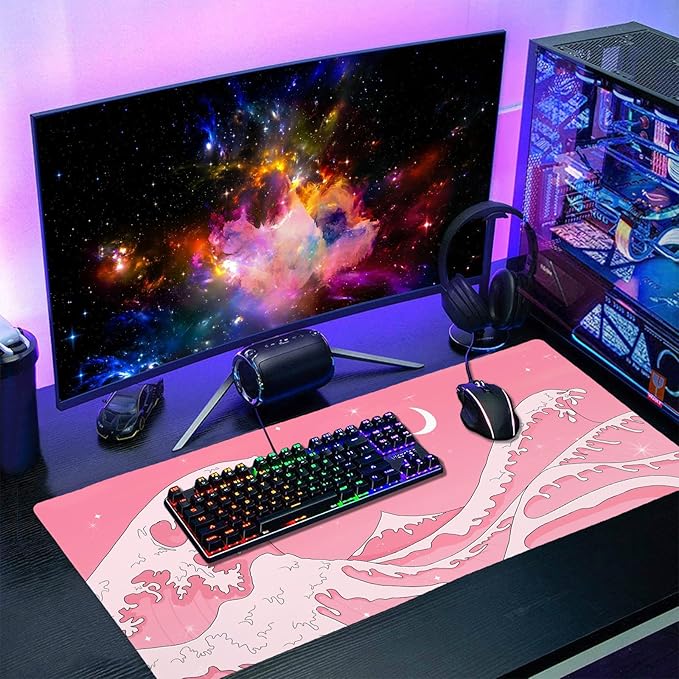 Pink Japanese Anime Gaming Mouse Pad XL Cute Kawaii Aesthetic Wave Extended Big Large Desk Mat Non-Slip Rubber Base Stitched Edge Long Keyboard Mousepad for PC Computer Laptop40x20 in100x50cm