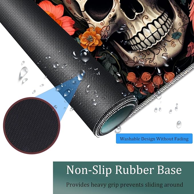 Large Game Mouse Pad + Wrist Support Pad + Coffee Coaster Desk Pad with Sewn Edges Anti-Slip Set pad Suitable for Office Work and Home - Skeleton Flower Skull