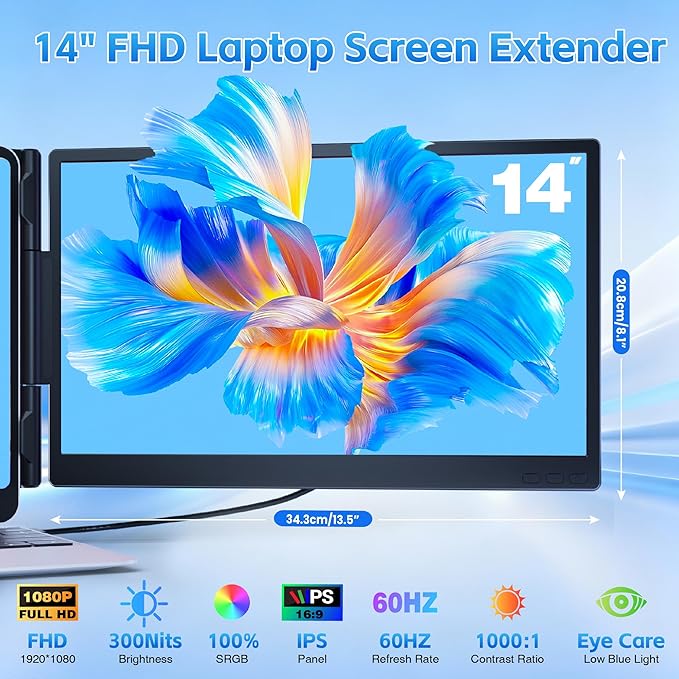Laptop Screen Extender Ultra-lightweight 14 FHD 1080P IPS Dual Screen Laptop Monitor Extender with USB-C/HDMI Port Plug and Play Portable Monitor for 13-17 Laptops (Wins/Mac/Android//Switch/PS5)