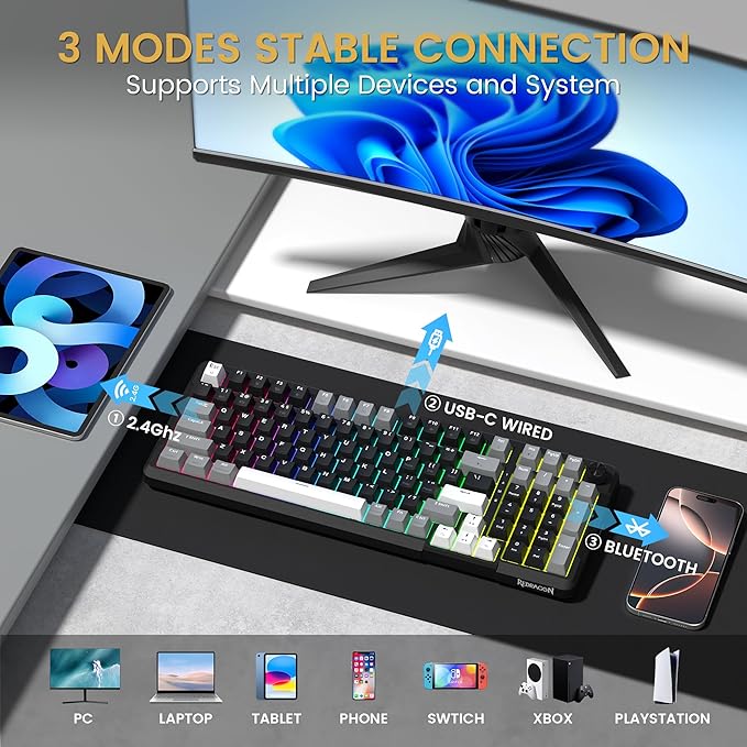 Redragon K742 Wireless Mechanical Gaming Keyboard with Knob Bluetooth 5.0/2.4GHz/USB C Wired Creamy Keyboard with Number Pad for PC Computer RGB Backlits Hot-Swappable with Linear Switches (Black)