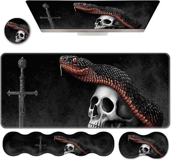 Ergonomic Keyboard Wrist Rest &amp Mouse Pad Wrist Rest SetXL Gaming Desk Mat 31.5x 11.8Non-Slip BaseMemory FoamEasy Typing Pain Relief for Office &amp HomeSword and Skull