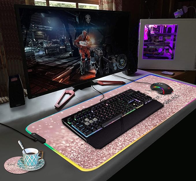 RGB Gaming Mouse Pad with Coffee Coaster XXL Large Glowing LED Mousepad Anti-Slip Rubber Base Computer Keyboard Desk Mouse Mat 31.5 X 11.8 Inch - Quote Bible Verse Psalm 46:5