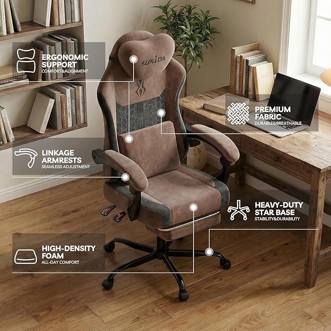 SUKIDA Ergonomic Gaming Chair — Premium Computer Video Gaming Chair with Massage Lumbar Support Adjustable Headrest &amp Footrest Plush Chenille Fabric for Office and Home UseBrown