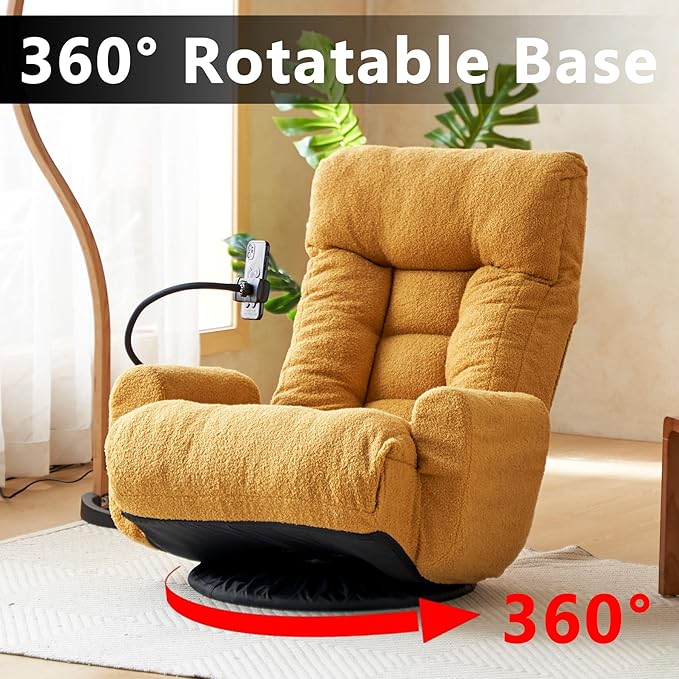 Swivel Gaming Floor Chair with Phone Holder &amp Arm Comfy Reading Chair with Side Pocket for Adults Upholstered Floor Chair with Adjustable Back for Bedroom Living Room (Yellow)