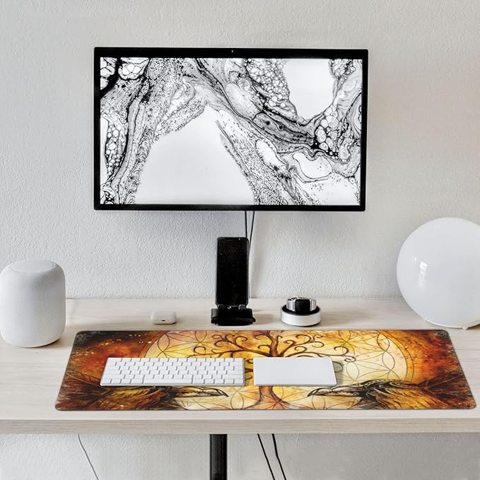 Ravens Tree of Life Large Mouse Pad Gaming Mousepad with Wrist Support Rubber Computer Keyboard Mat for Desk Laptop Non-Slip Full Deskmat Protector Waterproof Writing Pad Office Home 16x35.5 in