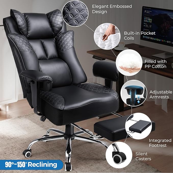 GTPLAYER Big and Tall Office Chair 400LBS Wide Ergonomic Gaming Chair with Deluxe Embossing Designed Leather with Foot Rest150°Reclining Adjustable Soft Armrests Pocket Spring Back Support and Pillow