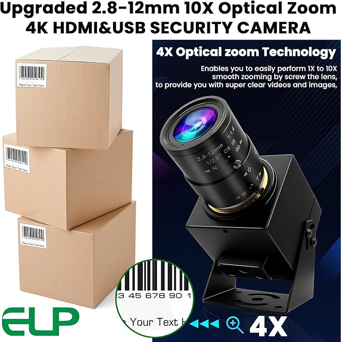 ELP 4K USB3.0 HDMI Webcam - 60fps 8MP 4X Zoom Lens (2.8-12mm) Close-up H.264 Telescope Industrial CCTV