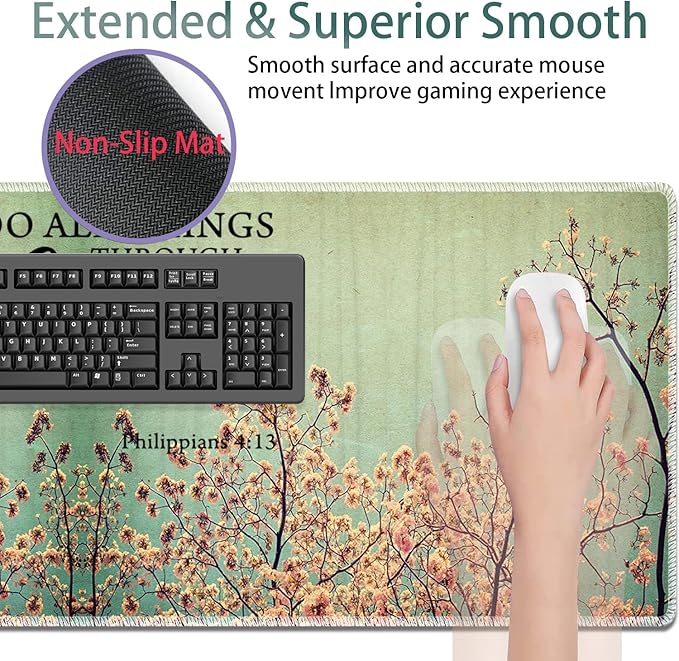 Large Gaming Mouse Pad + Keyboard Wrist Rest + Wrist Support + Coaster Set Memory Foam Ergonomic for Easy Typing XXL Extended Gaming Mouse Pad Table Pad - Sakura Philippians 4-13