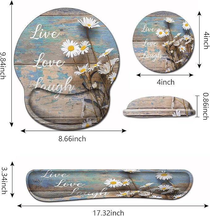 Mouse Pad for Women Ergonomic Gel Mouse Pad Keyboard Wrist Rest Relieves Fatigue White Daisy Flowers on Wooden Non-Slip and Durable Memory Foam Keyboard Wrist Rest for Office Typing