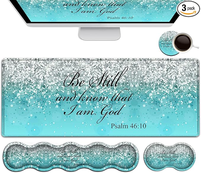 Keyboard Mouse Pad SetExtended Gaming Mouse Pad + Memory Foam Keyboard Wrist Rest Support Psalm 46-10 Blue Glitter Office Desk Mat Writing Pad Easy Typing Pain ReliefXXL Large Mousepad Desk Mat