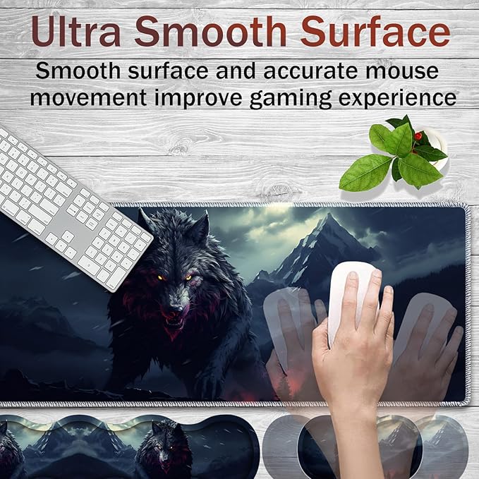 Gaming Mouse Pad Set Large Gaming Mouse Pad+Keyboard Wrist Rest+Mouse Wrist Rest+Coaster Easy Typing Pain Relief 31.5 × 11.8 inch Desk Mat for Home Office - Wolf Night