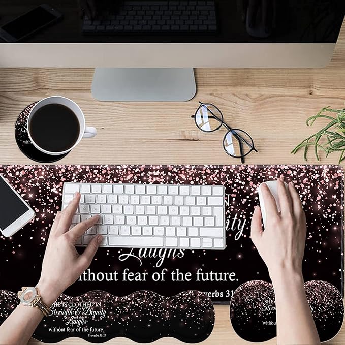 Gaming Mouse Pad Set Large Gaming Mouse Pad+Keyboard Wrist Rest+Mouse Wrist Rest+Coaster Easy Typing Pain Relief 31.5 × 11.8 inch Desk Mat for Home Office Proverbs 31:25