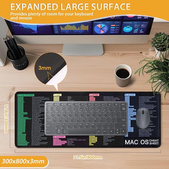 Mac OS Shortcuts Mouse Pad Large Mousepad for MacBook Extended Gaming Pad for Mouse and Keyboard High Definition Printing StitchingWashable Anti Slip (mac)