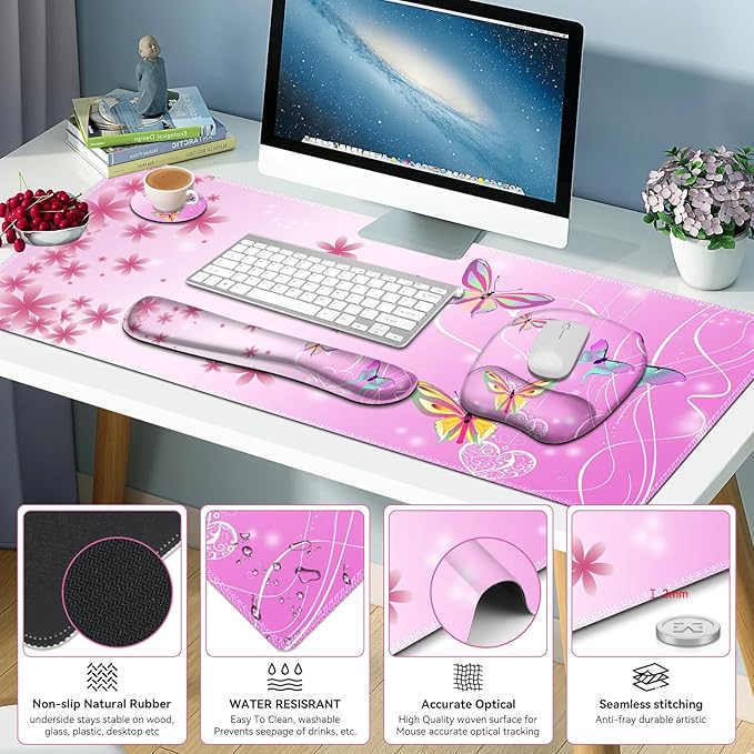 Mouse Pad with Wrist Support 4 in1 Set XXL Big Game Mousepad + Keyboard Wrist Rest + Mouse Wrist Rest Pad +Coaster Gaming Mat for Work Study Home Office I Gradient Pink Butterfly Flower