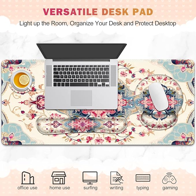 Gaming Mouse Pad Large Desk Mat Cute Desk Pad Protector 4in1 XXL Mousepad + Keyboard Wrist Rest+Mouse Wrist Rest+Coaster Set with Ergonomic Desk Pad for Home Office Computer Retro Style Pattern