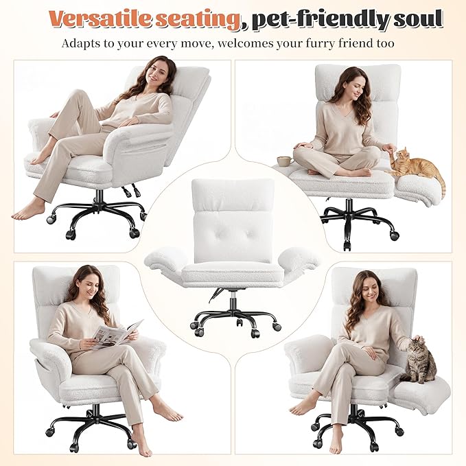 Criss Cross Chair with Armrests &amp Wheels for Cross-Legged SittingErgonomic Computer Gaming Chair with Two Side PocketsTeddy Plush Wide Seat Reclining Desk Chair for HomeOfficeBeige