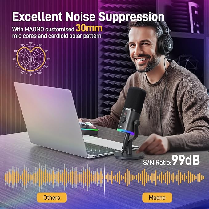 MAONO USB/XLR Podcasting Microphone for PC Gaming Streaming Dynamic Mic with Mute Button RGB Desktop StandComputer Mic for Video Studio Recording-PD100XBlack