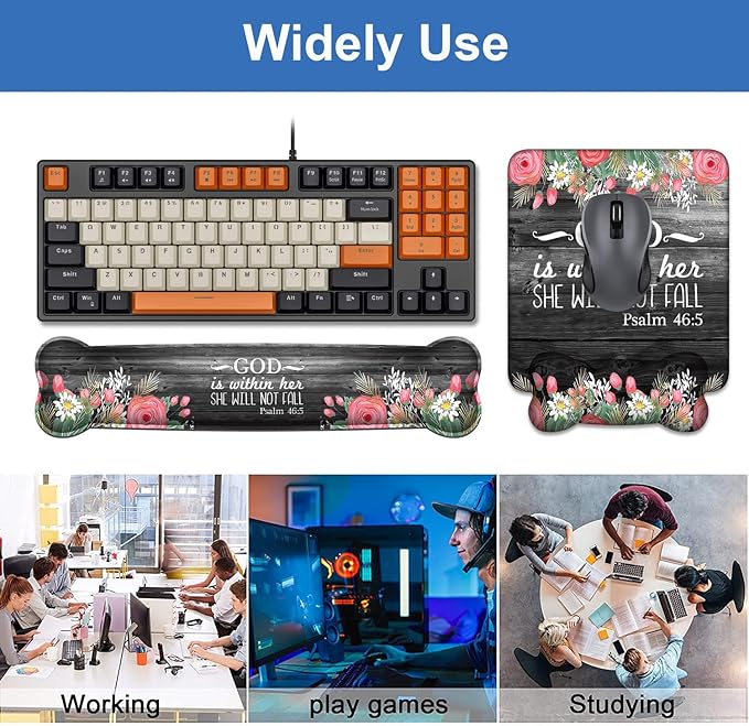 Wrist Rest Support Ergonomic Gel Mouse Pad &amp Memory Foam Keyboard Set Non-Slip Rubber PU Base for Home Office Working Studying Easy Typing &amp Pain Relief - Floral Quote Bible Verses Psalm 46:5