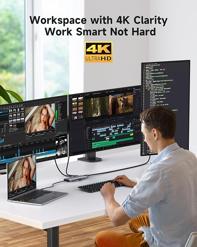 Triple Monitor Docking Station 14-in-1 USB C Hub with DP 8K@30Hz/4K@144Hz Dual HDMI 4K@60Hz 100W PD 7 USB Ports SD/TF Card Reader Gigabit Ethernet for MacBook &amp Windows Laptop