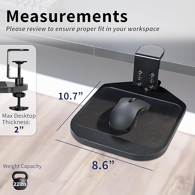 VIVO Clamp-on Wooden Mouse Pad Holder Platform Adjustable Under Desk 360° Rotating Tray Rest Extension Attachment up to 2 inch Desktops Black MOUNT-MS01B
