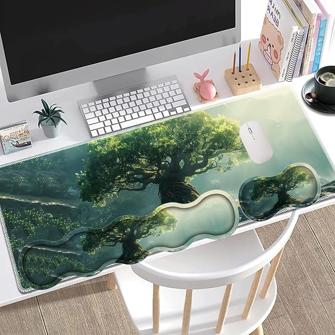 Large Gaming Mouse Pad + Keyboard Wrist Rest + Wrist Support + Coaster Set Memory Foam Ergonomic for Easy Typing XXL Extended Gaming Mouse Pad Table Pad - Tree of Life