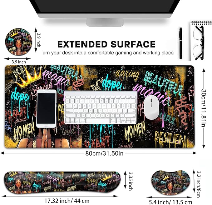 Large Gaming Mouse Pad+ Keyboard Wrist Rest Set Ergonomics Memory Foam Mouse Mat Wrist Rest Support Waterproof Extended Mousepad 31.5x11.8in African American Black Women Graffiti Girl Desk Pad