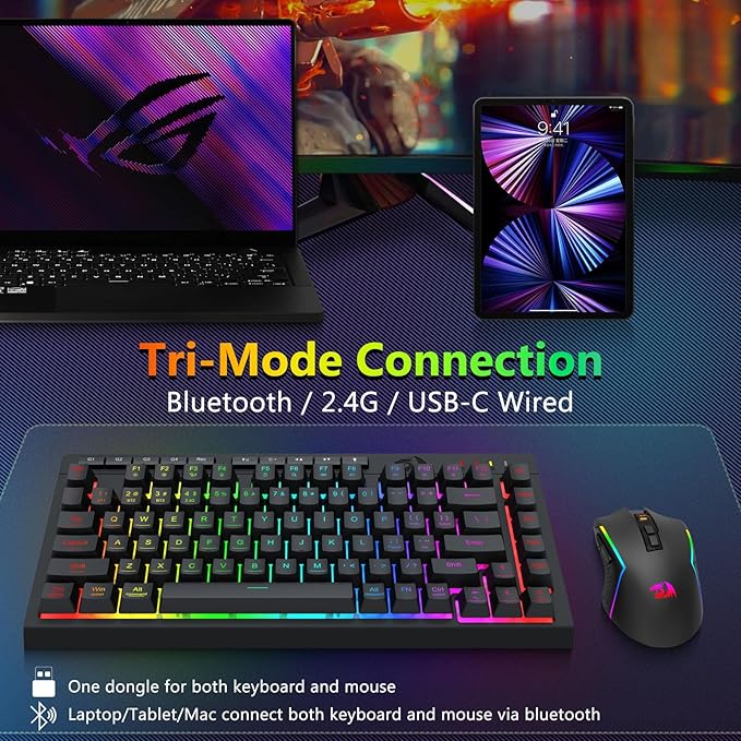 Redragon Wireless Gaming Keyboard and Mouse Combo Bluetooth/2.4G/USB-C Wired RGB Backlit 75% Portable Quiet Rechargeable Macro Membrane Keyboard &amp 12800 DPI Mouse with Software for Win/MAC