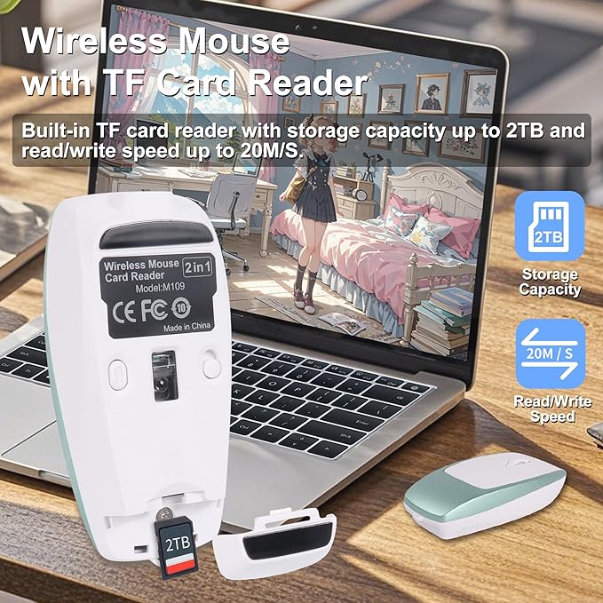 Bluetooth Mouse Rechargeable Portable Mini Computer Mice with TF Card Reader 3 Adjustable DPI Optical Lightweight Silent Wireless Mouse for Laptop Tablet Cell Phone Windows Mac OS Android iOS Green