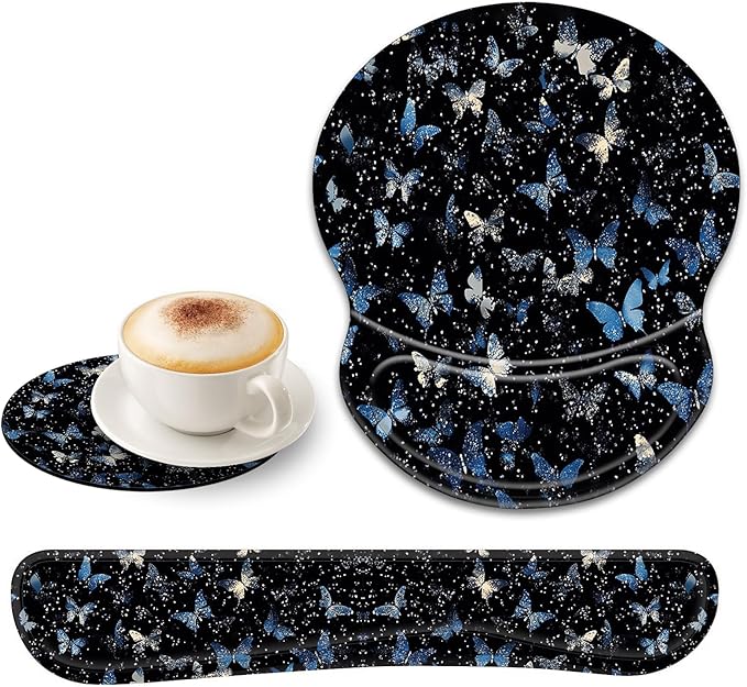 Bxgolkgd Ergonomic Gel Mouse Wrist Rest Pad and Keyboard Pad SetAnti-Slip PU Bottom Easy Typing and Relieve Wrist Pain with Cute Coaster Set (3-Butterfly)