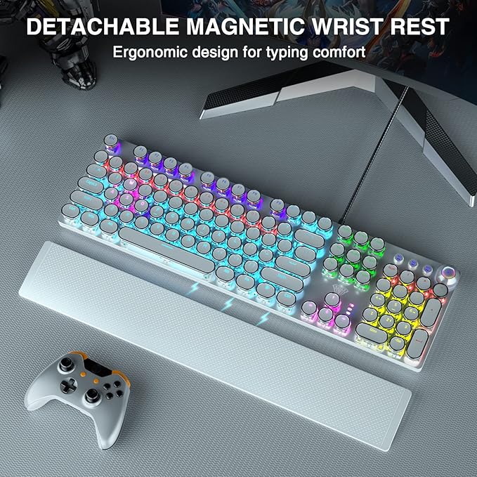 AULA F2088 Typewriter Style Mechanical Gaming KeyboardRainbow LED BacklitRemovable Wrist RestMedia Control KnobRetro Punk Round KeycapsUSB Wired Computer KeyboardWhite (Renewed)