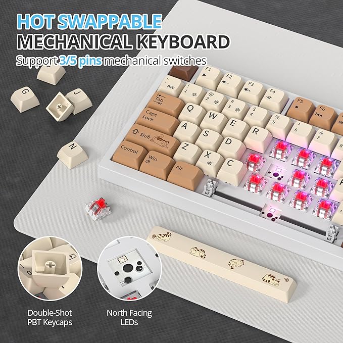 75 Percent Keyboard Gasket-Mounted with Sound Absorbing Pads 82-Key Compact Wired RGB Mechanical Gaming Keyboard Hot-Swap Socket for Win Coffee Cat