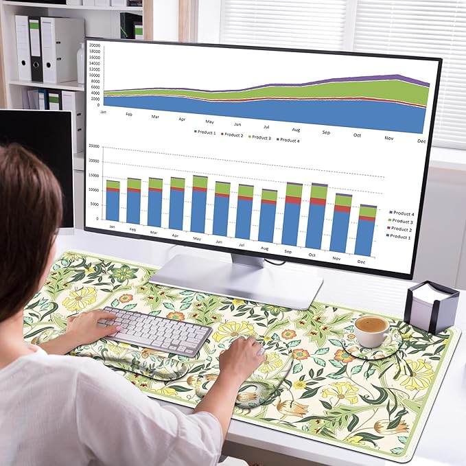 4 in 1 Large Mouse Pad Keyboard Wrist Rest Set Ergonomic Mouse Pad with Wrist Support Desk Mat with Stitched Edges Extended Desk Pad Waterproof Desk Mat for Home Office Game I Green Flower Plants