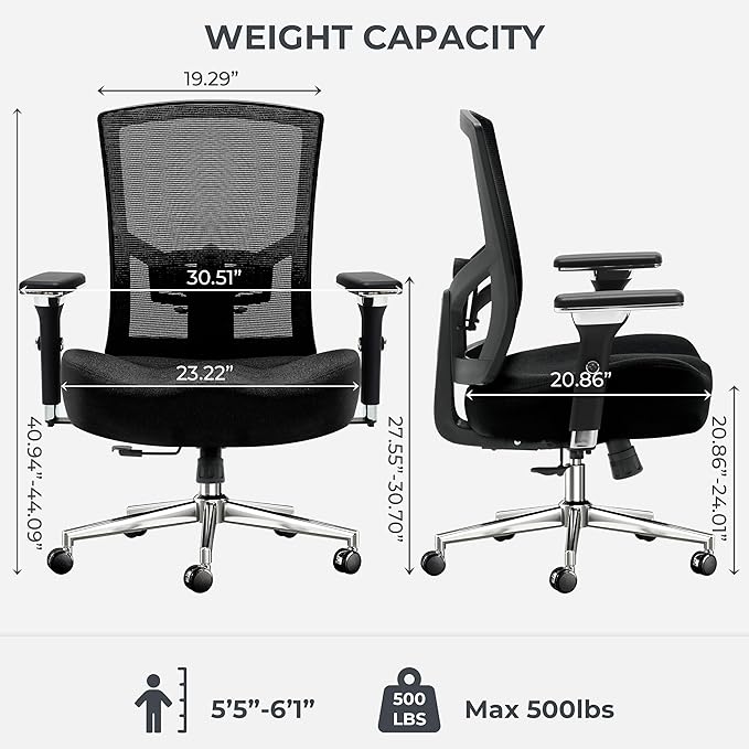 Big and Tall Office Chair 500lbs Ergonomic Oversize Mesh Desk Chair Heavy Duty High Back Computer Chair with Wide Thick Seat Cushion Adjustable Lumbar Support 4D Armrests