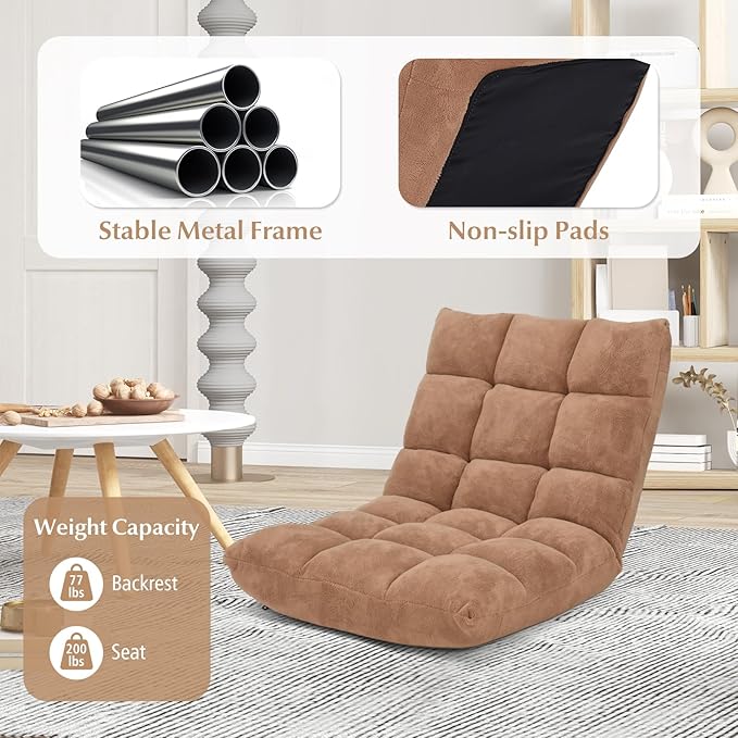 14-Position Lazy Sofa Chair with Soft Coral Fleece Folding Gaming Chair Couch Recliner Floor Seat for Reading Meditating Yoga (Tan)